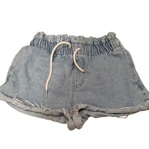 RSQ Women Light Wash Denim Paperbag Waist Drawstring Shorts Raw Hem XS